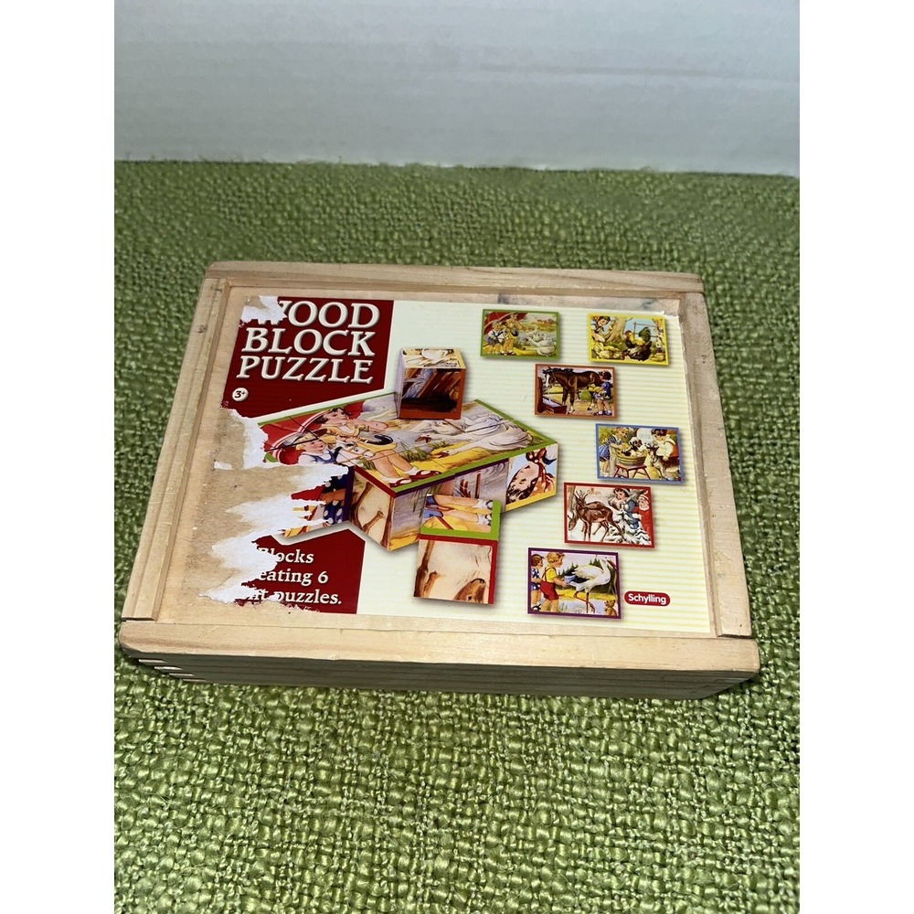 Schylling Wood Cube Puzzle , Vintage , Children Animals , Snow Scene 6 Sided 60s